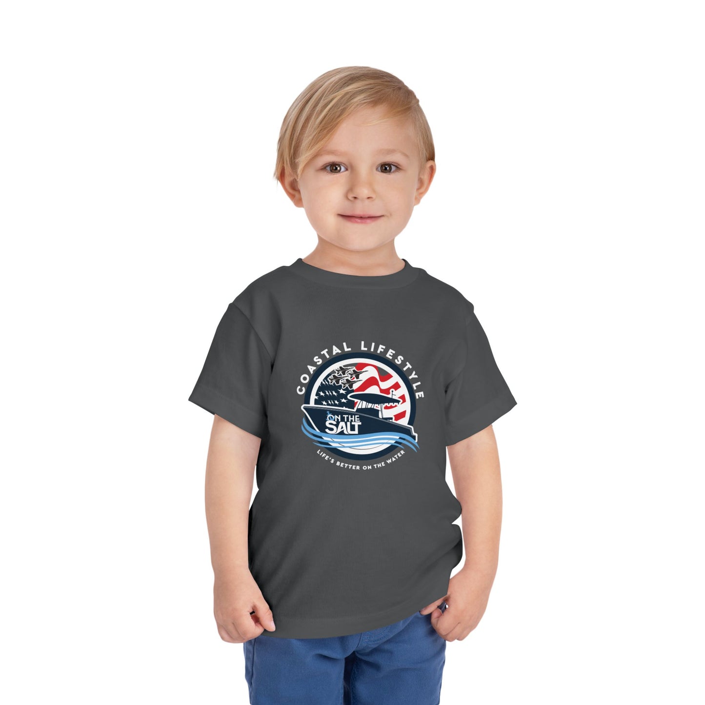Toddler Tee - "Born to Be Salty" Nautical American Flag Boat Graphic