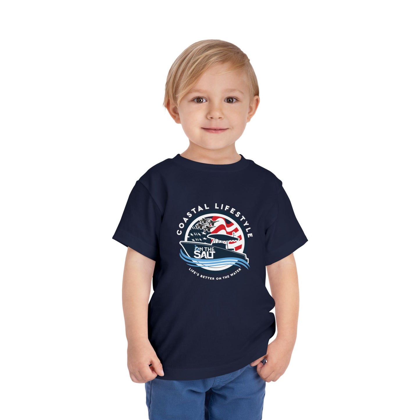 Toddler Tee - "Born to Be Salty" Nautical American Flag Boat Graphic