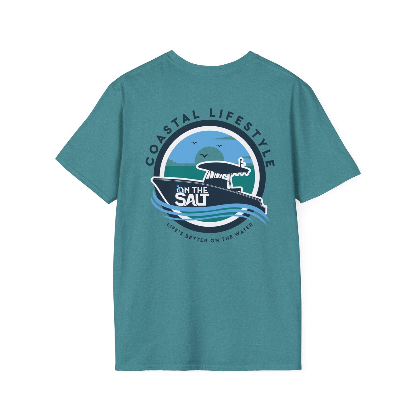 Teal t-shirt with a graphic design on the back on a white background.