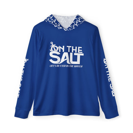 Blue hoodie with 'On the Salt' text and design on a white background