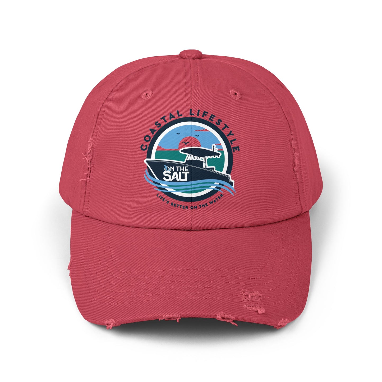 Red cap with a logo and text on a white background