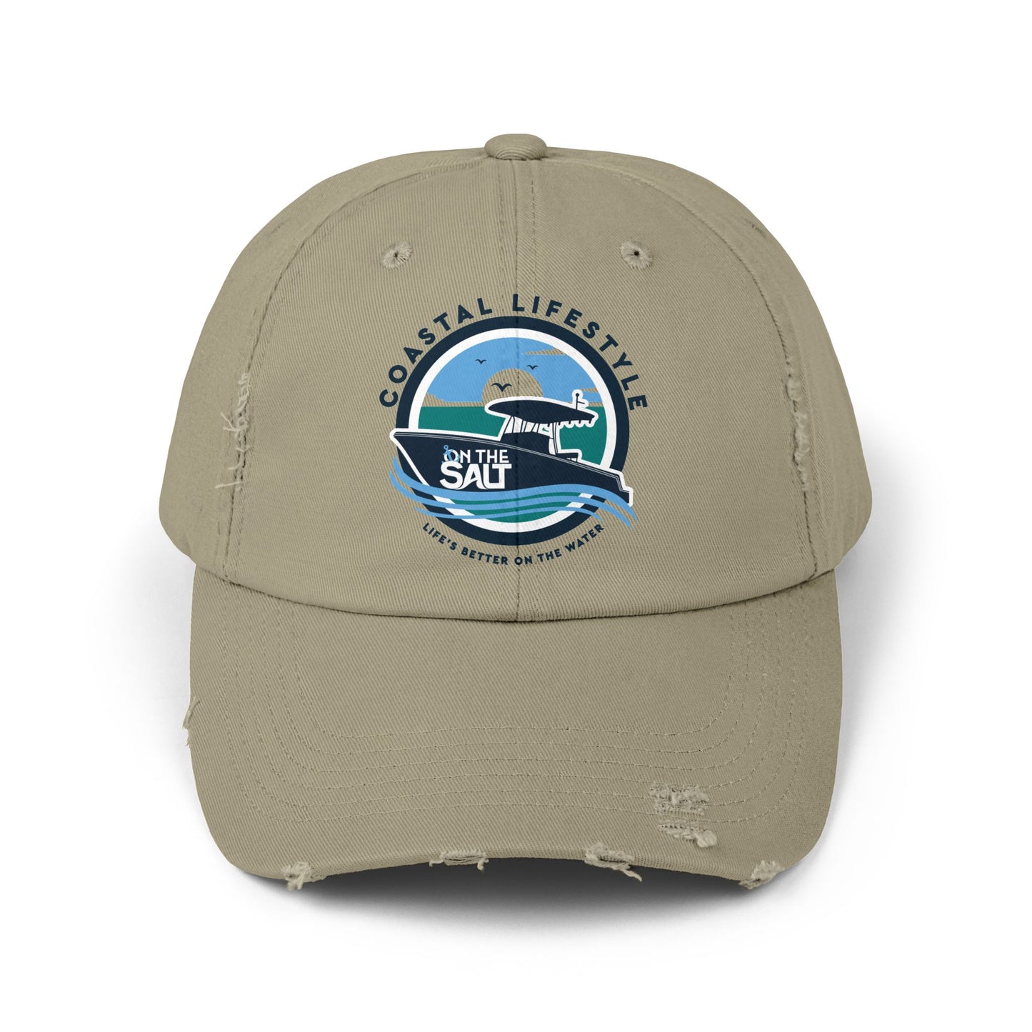 Khaki cap with a logo and text on a white background