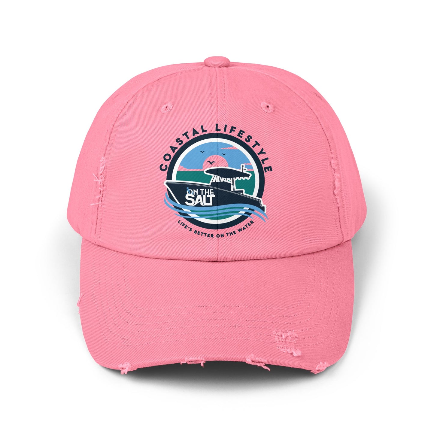 Pink cap with 'In the Salt' coastal lifestyle logo on a white background