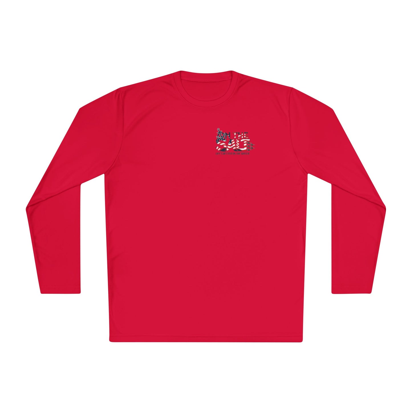 Red long-sleeve shirt with a small logo on the chest against a white background