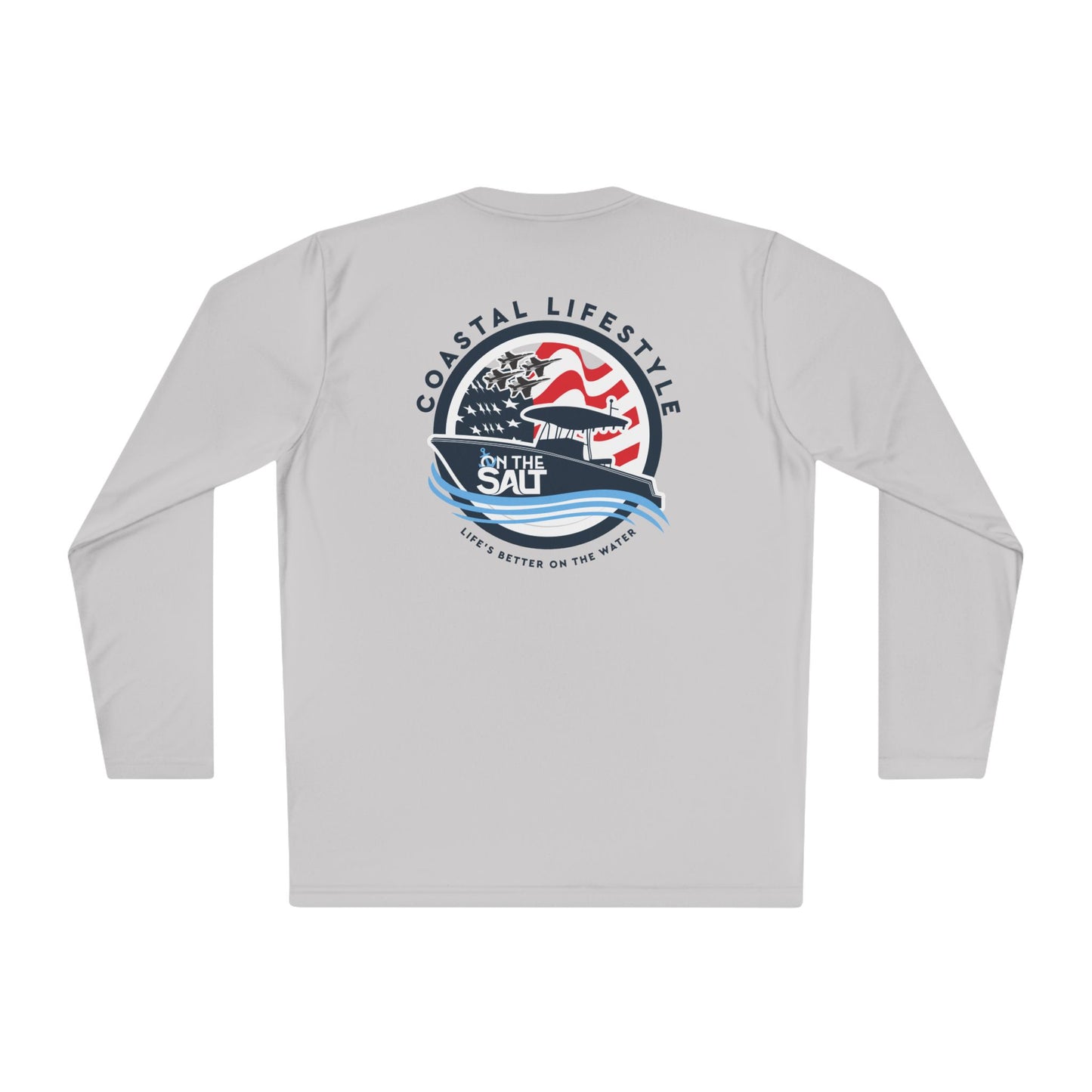 Gray long-sleeve shirt with a graphic design on the back against a white background