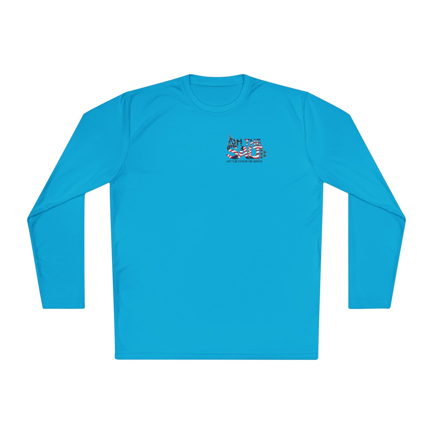 Blue long-sleeve shirt with a logo on a white background