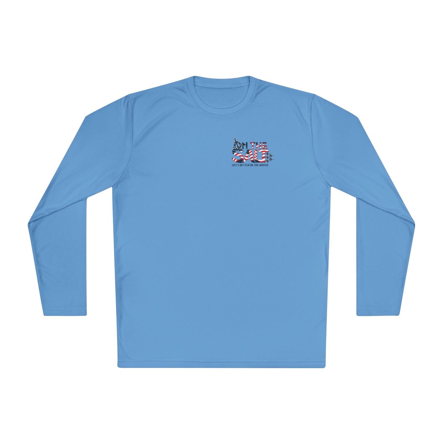 Blue long-sleeve shirt with a small graphic on the chest against a white background
