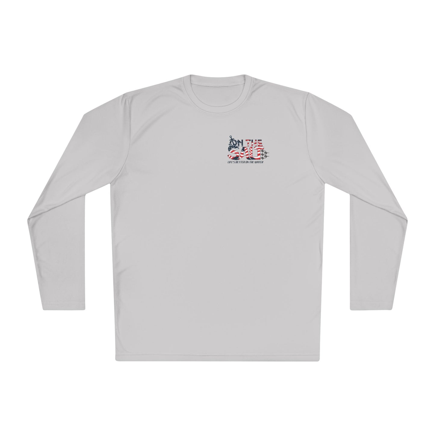 White long-sleeve shirt with a graphic design on a white background