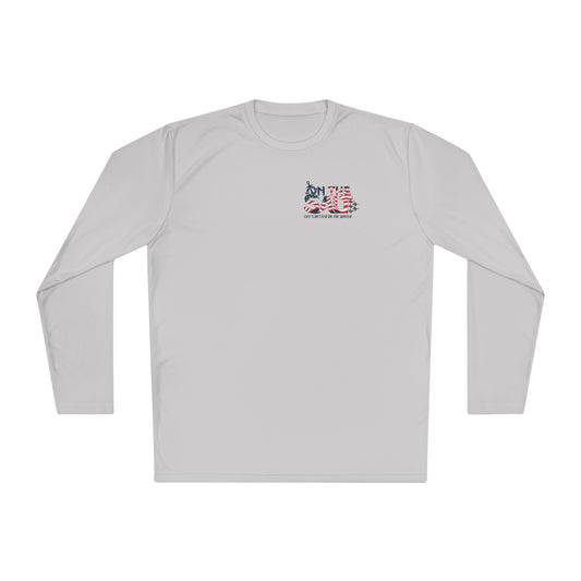 White long-sleeve shirt with a graphic design on a white background