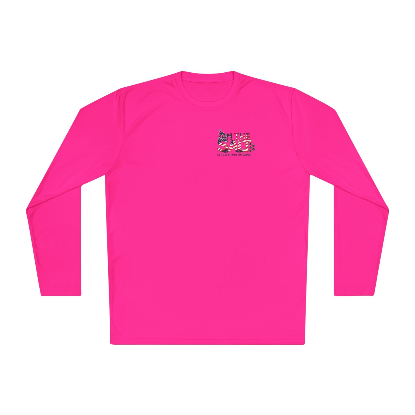Pink long-sleeve shirt with a small logo on a white background