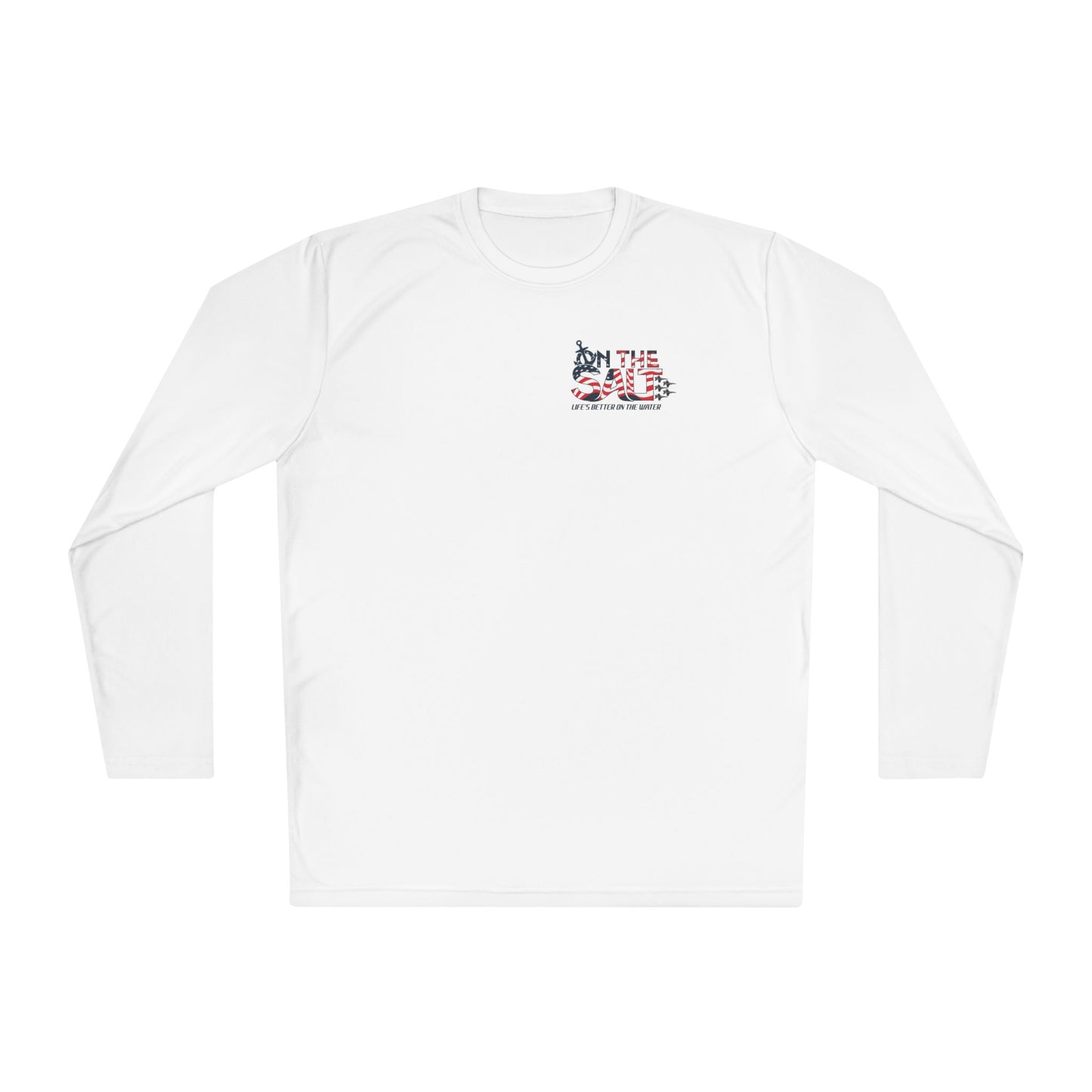 White long-sleeve shirt with a graphic design on a white background