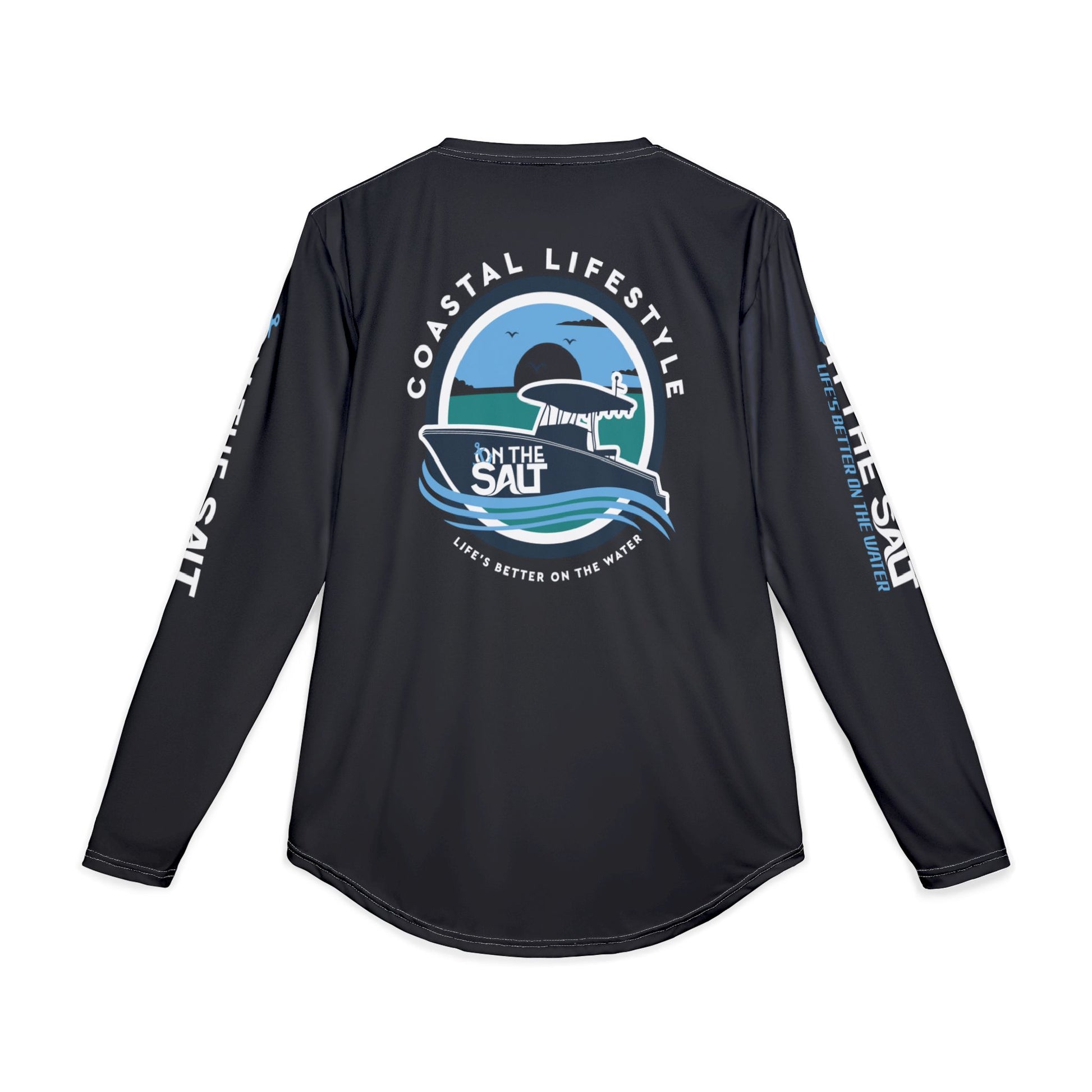 Men's Black UV Protection Long Sleeve Shirt, with 'Coastal Lifestyle' and 'On The Salt' branding 