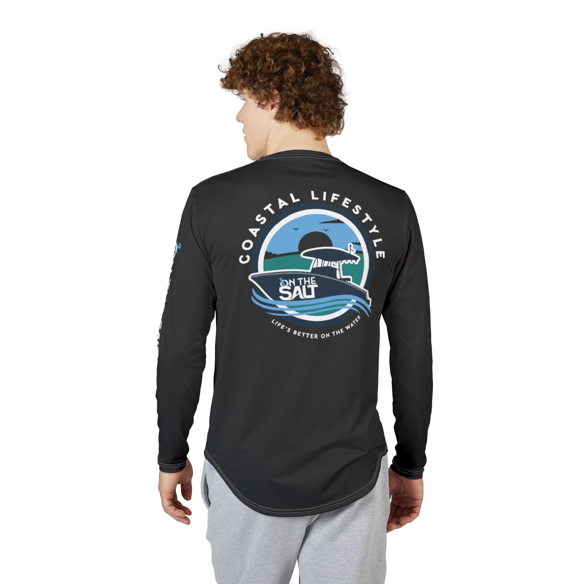 Men's Black UV Protection Long Sleeve Shirt, long-sleeve shirt with 'Coastal Lifestyle' graphic on the back.
