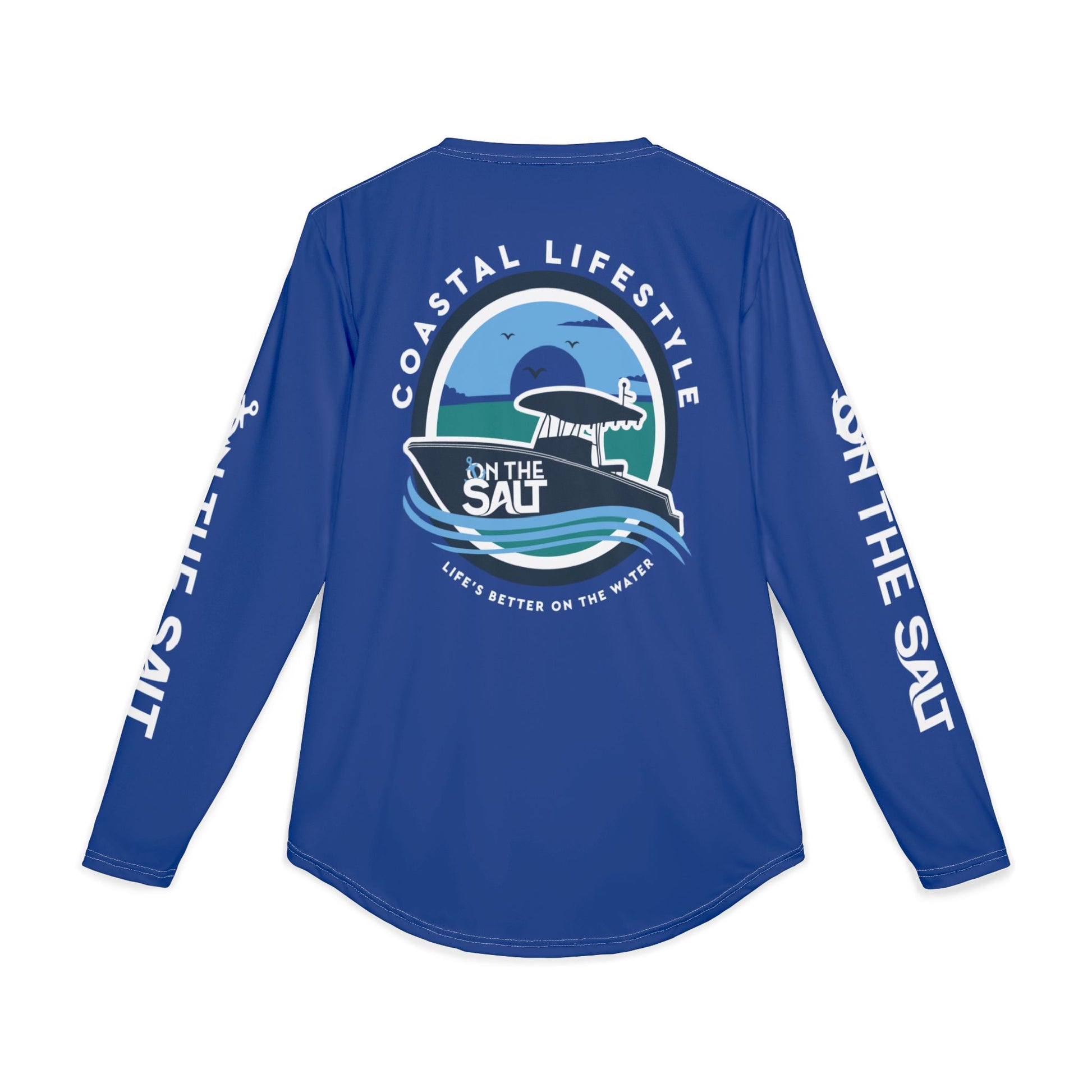 Blue long-sleeve shirt with 'Coastal Lifestyle' and 'On The Salt' branding on a white background