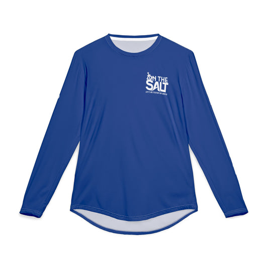 Blue long-sleeve shirt with a logo on a white background