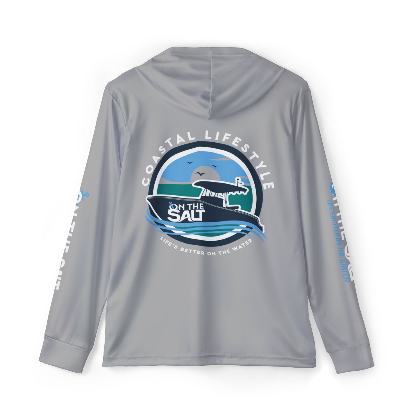 Men's Grey Moisture-Wicking Hoodie with 'Coastal Lifestyle on the Salt' graphic on a white background