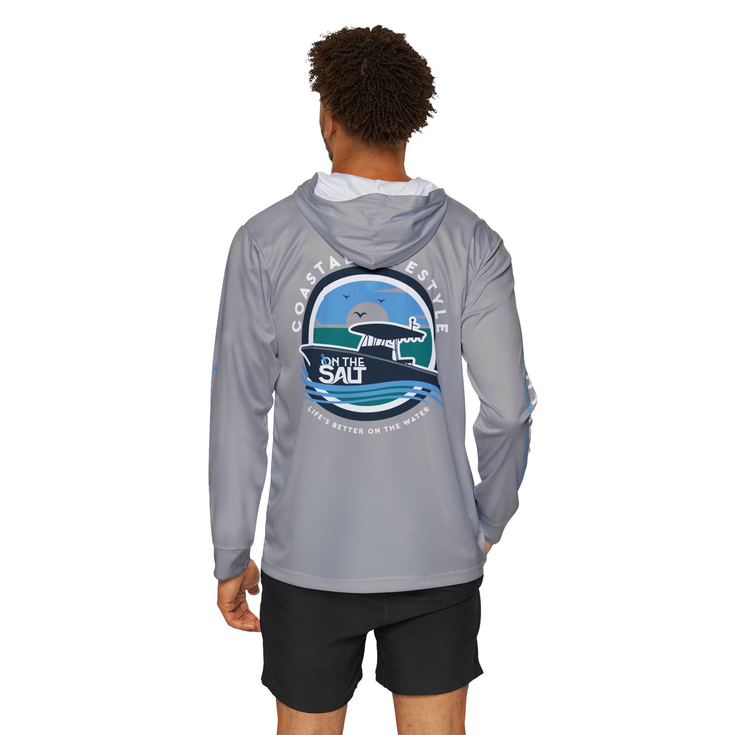 Person wearing the Men's Grey Moisture-Wicking Hoodie with an On The Salt logo on the back 
