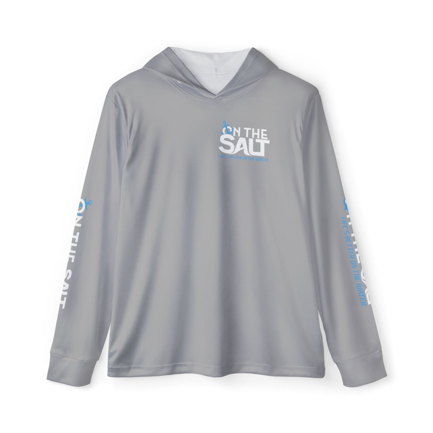 Men's Grey Moisture-Wicking Hoodie with 'On The Salt' logo on a white background