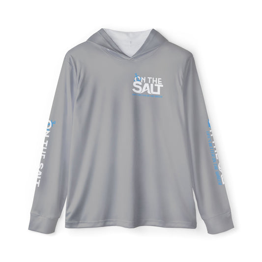 Men's Grey Moisture-Wicking Hoodie with 'On The Salt' logo on a white background