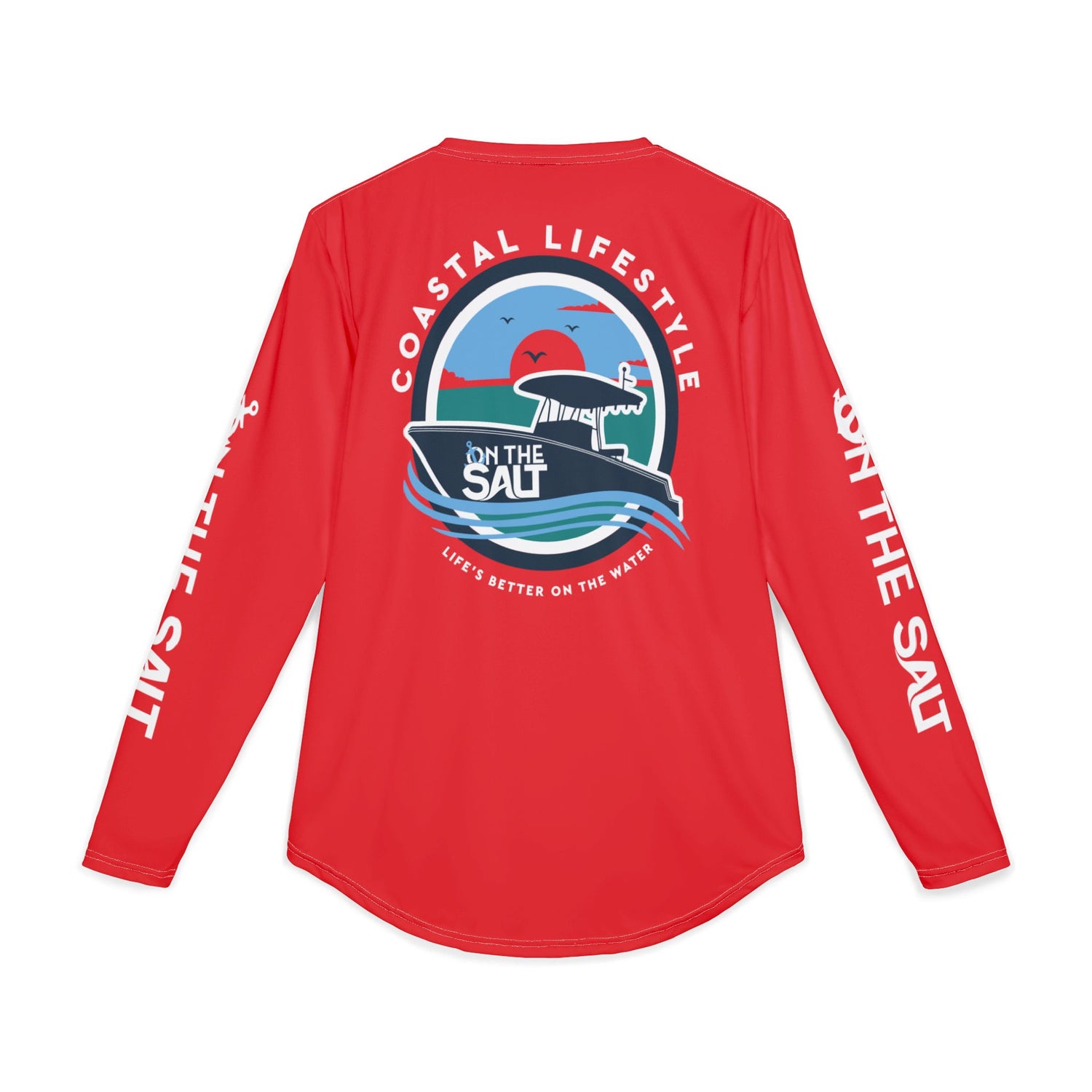 Red long-sleeve shirt with 'Coastal Lifestyle' and 'On The Salt' graphic on a white background