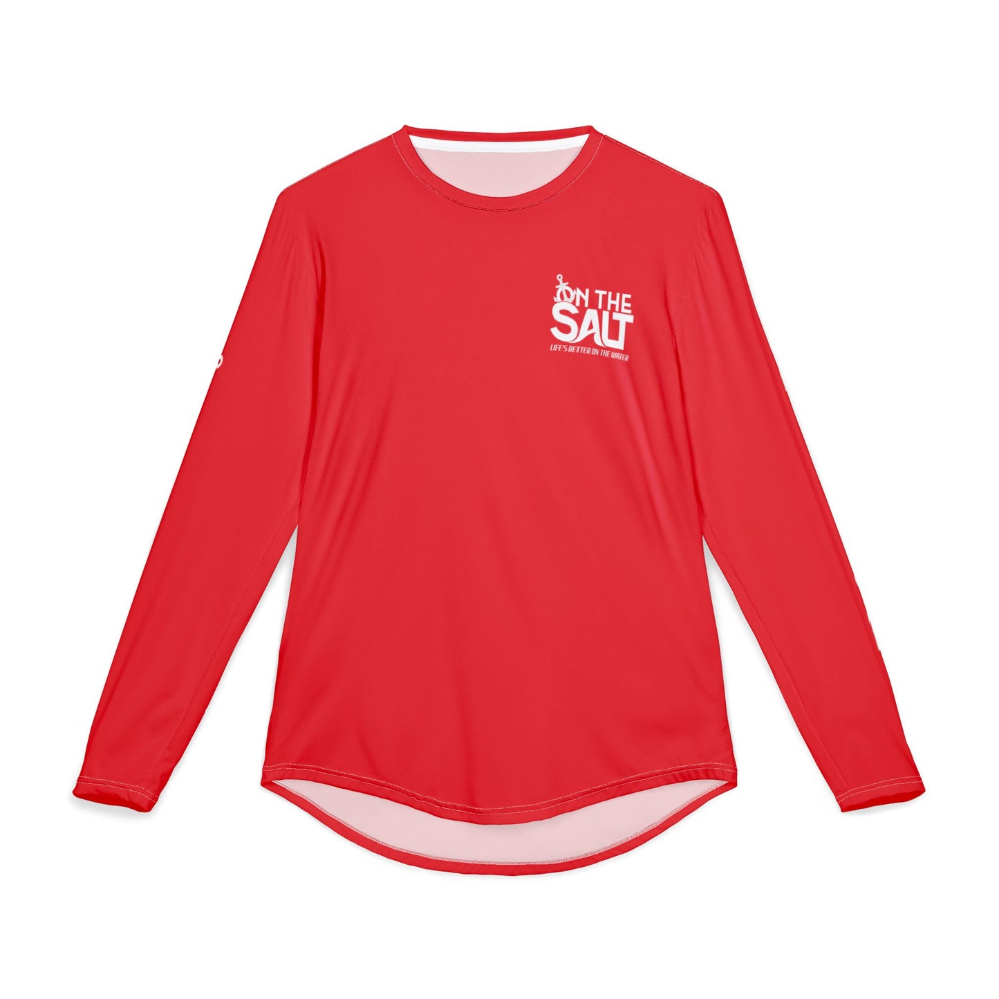 Red long-sleeve shirt with a logo on a white background