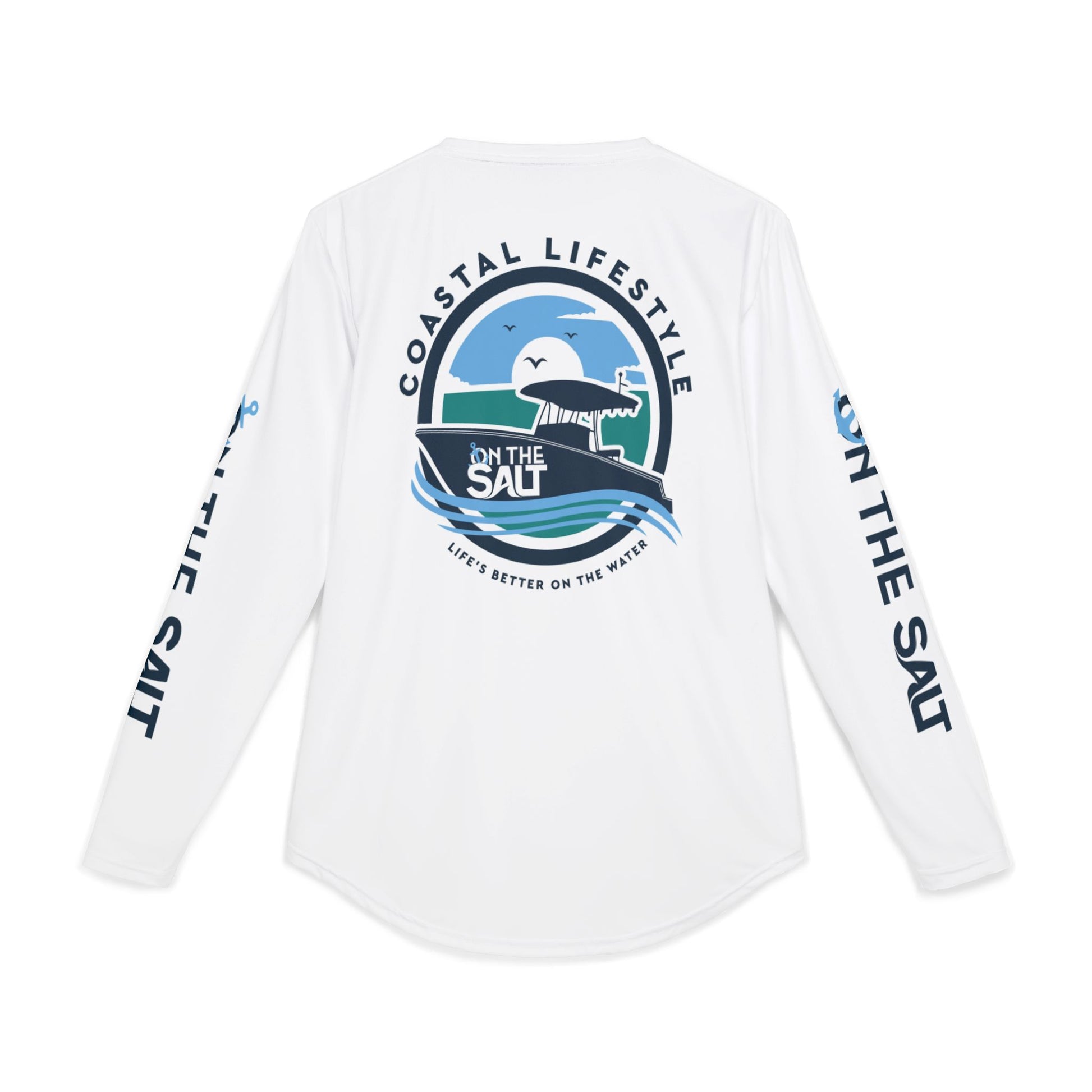 White long-sleeve shirt with 'On The Salt' coastal lifestyle graphic on a white background