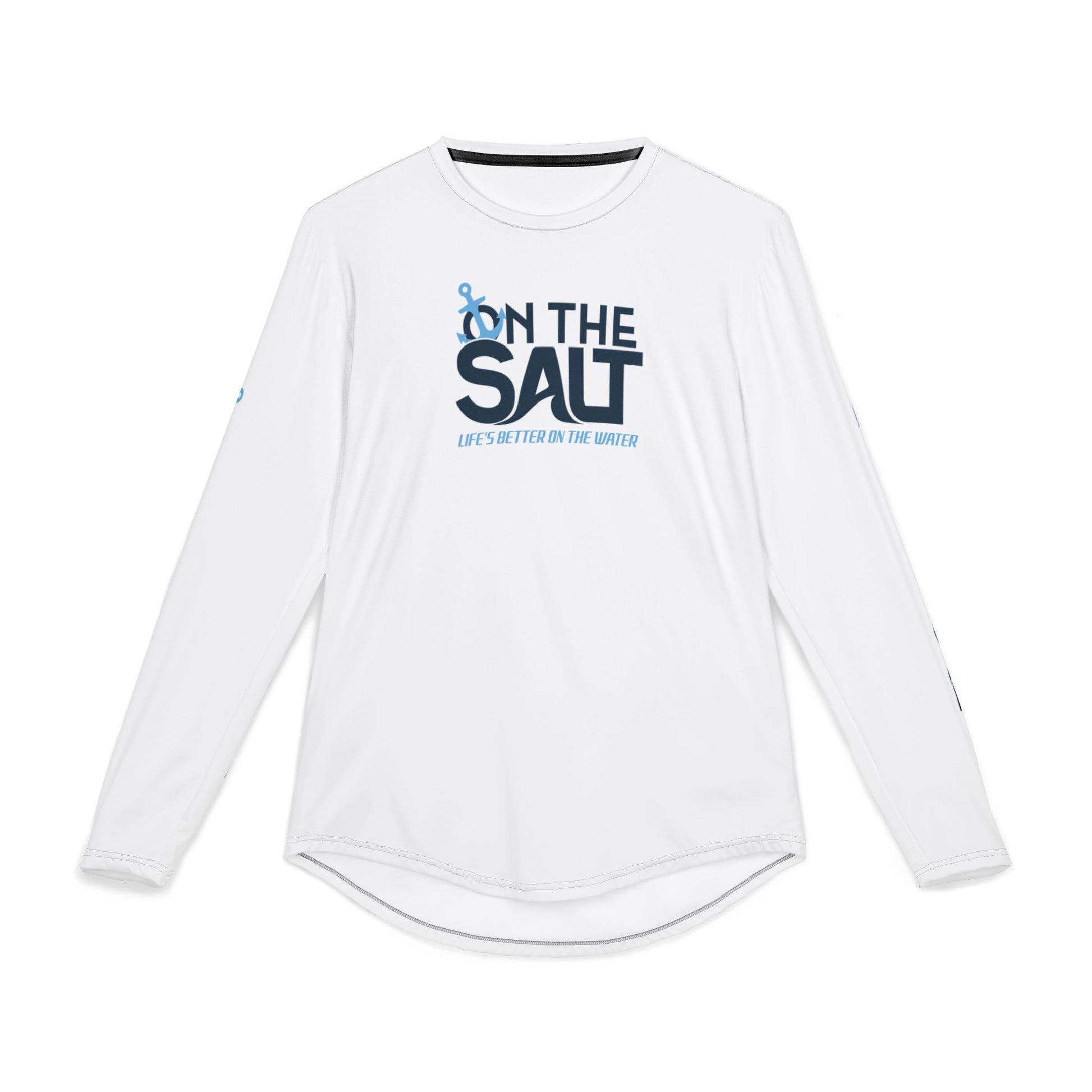 White long-sleeve shirt with 'On The Salt' logo on a white background