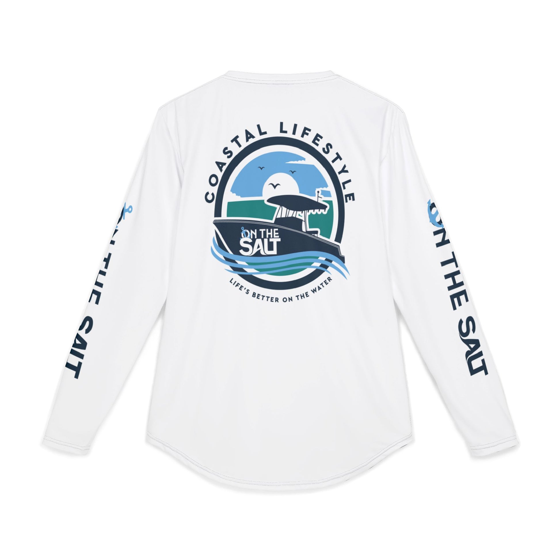 White long-sleeve shirt with 'On The Salt' coastal lifestyle graphic on a white background