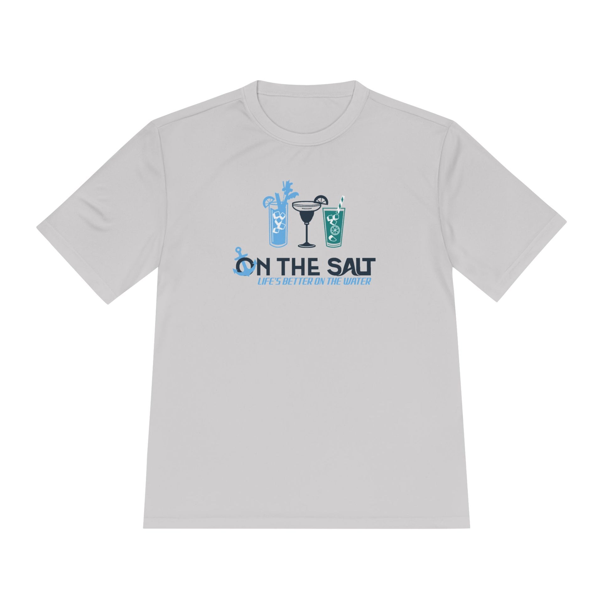 On The Salt Unisex Cocktail Moisture Wicking Tee with the text 'ON THE SALT' and a graphic of two glasses, one with a straw for a drink, on the front.