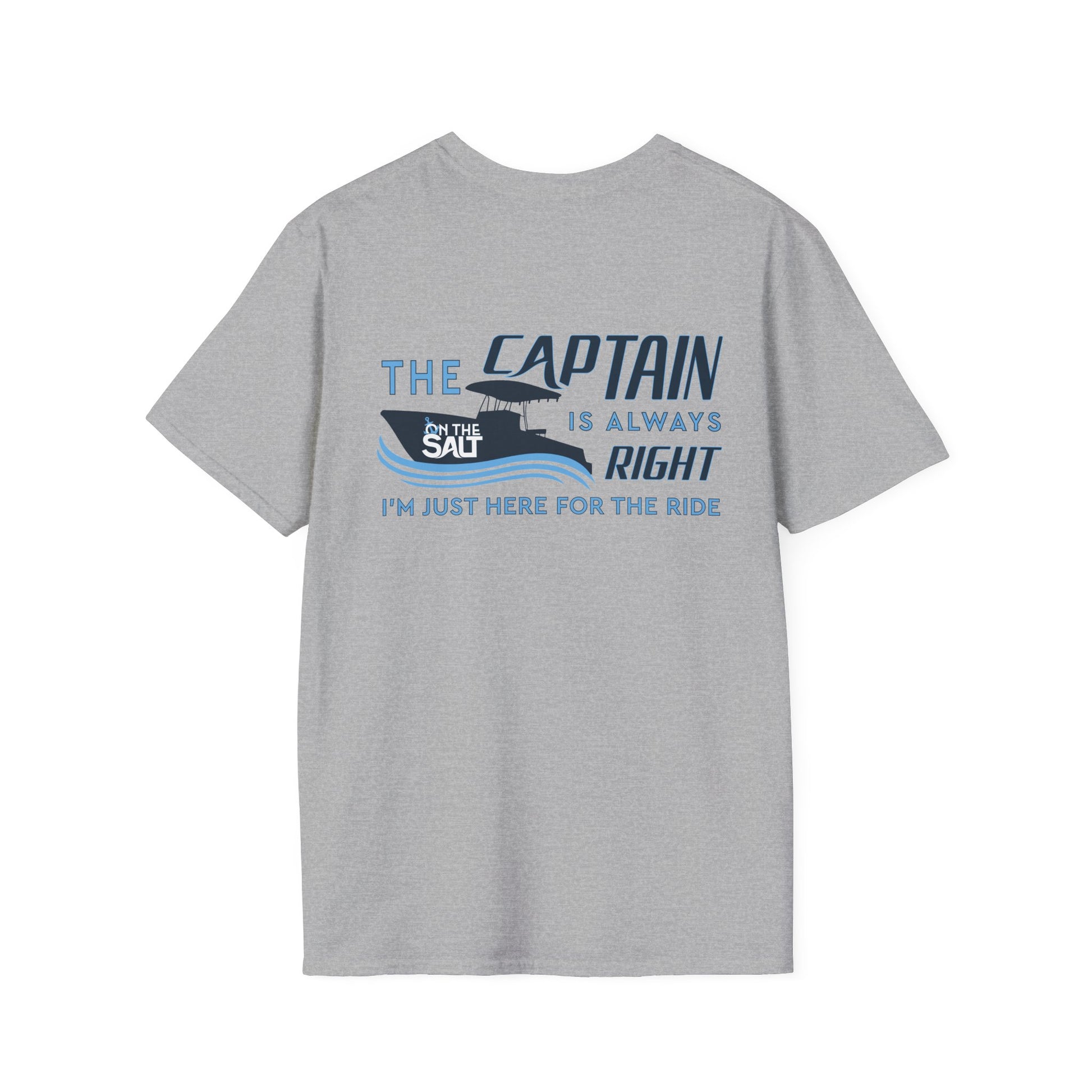 Gray t-shirt with a graphic and text on the back, displayed on a white background.