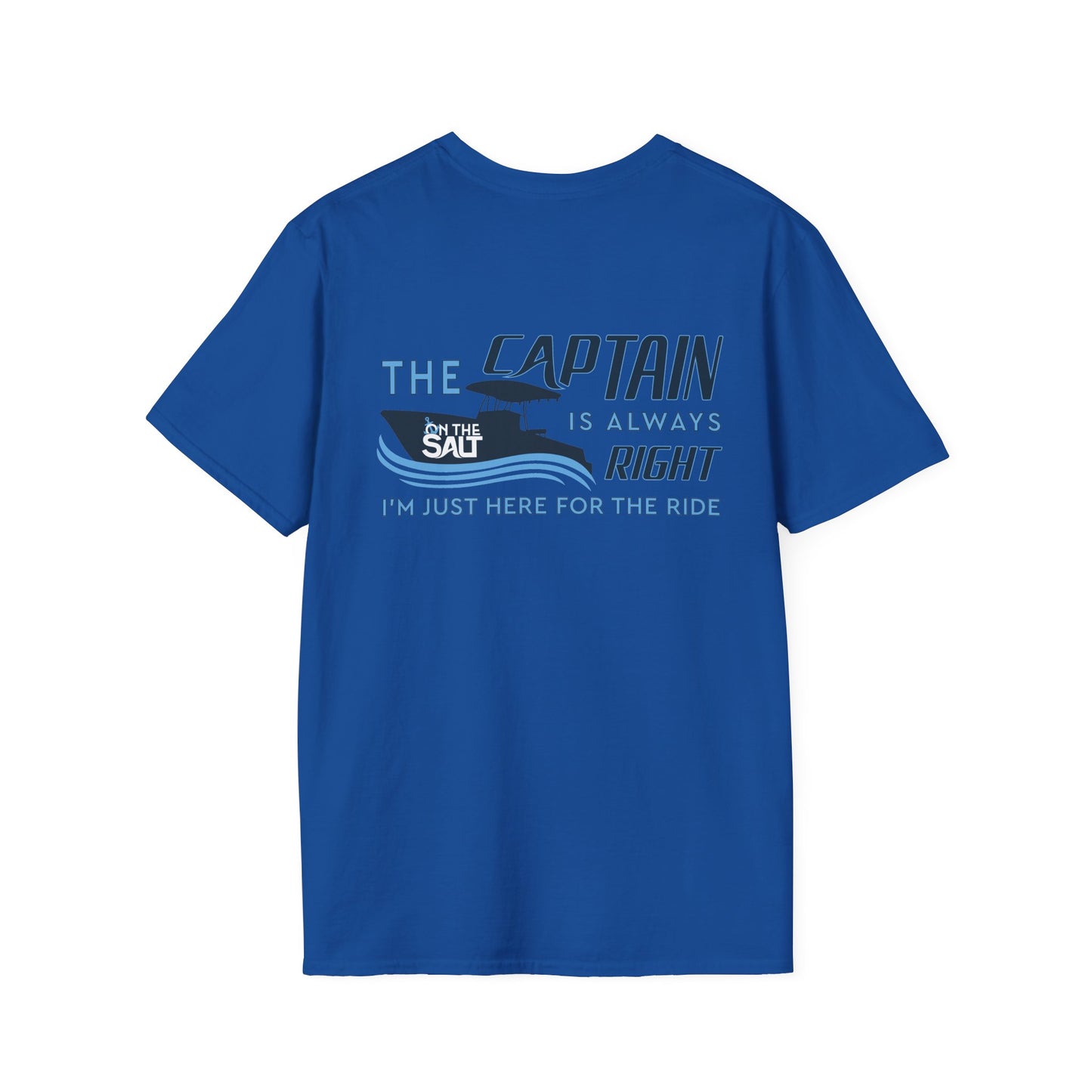 Blue t-shirt with humorous text design on a white background