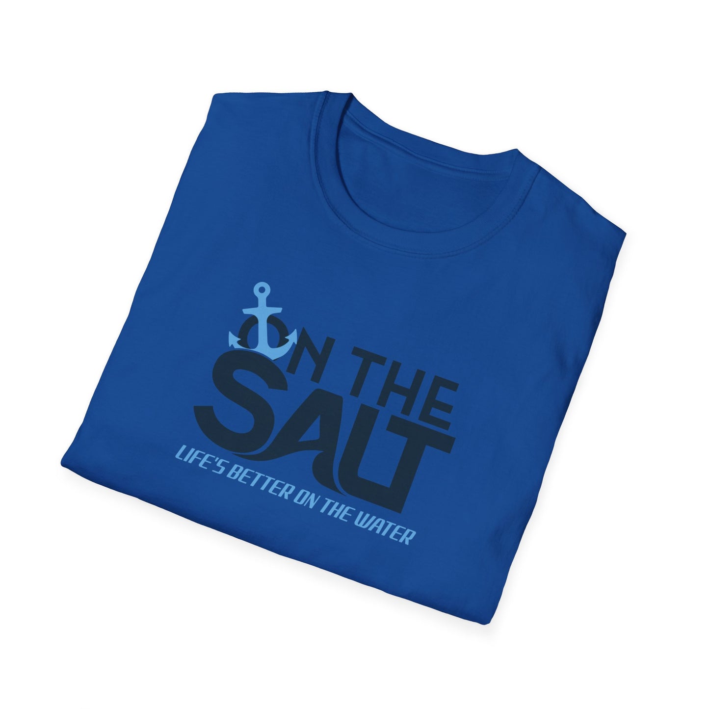 Folded blue t-shirt with an anchor graphic and text on a white background