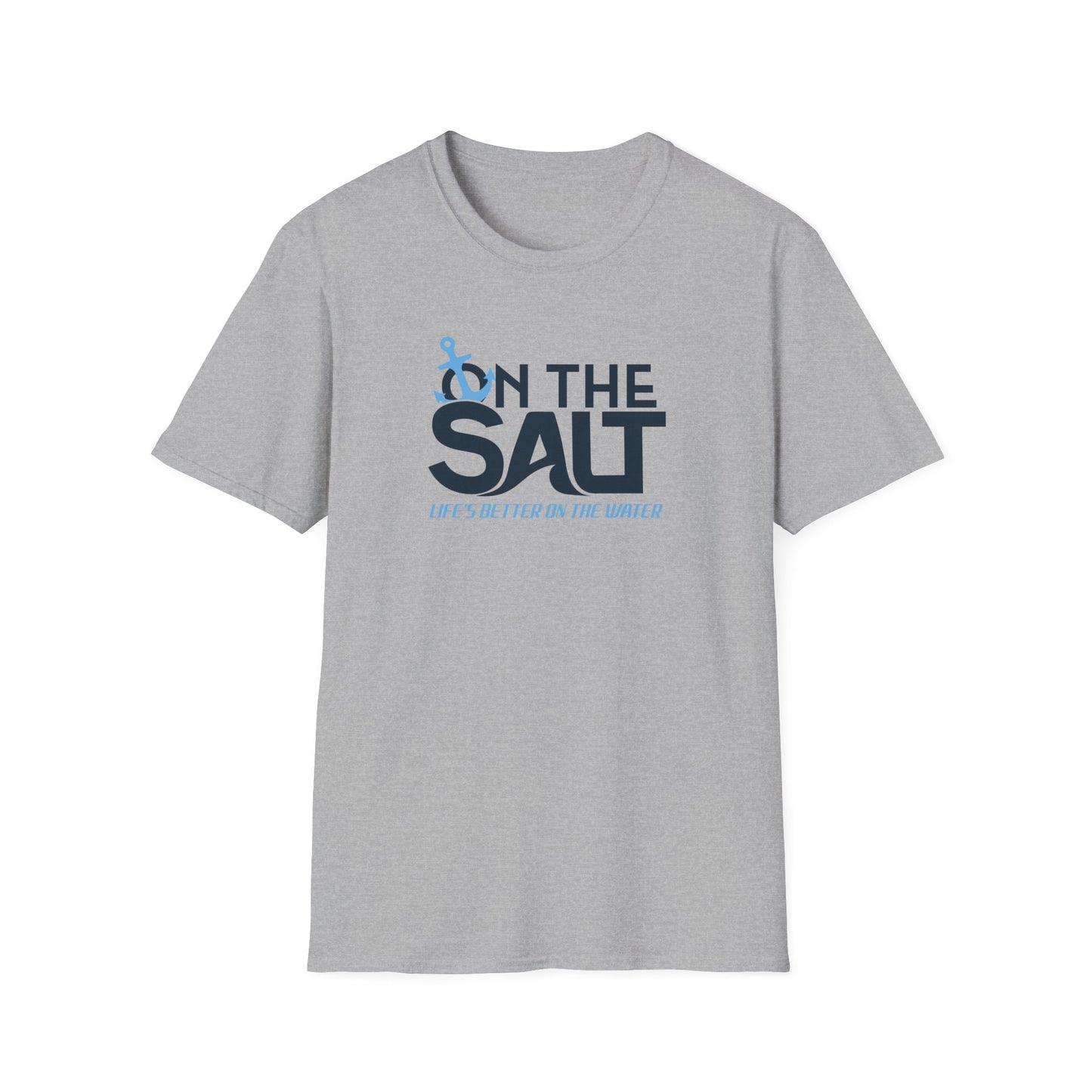 Gray t-shirt with 'On The Salt' text design on a white background