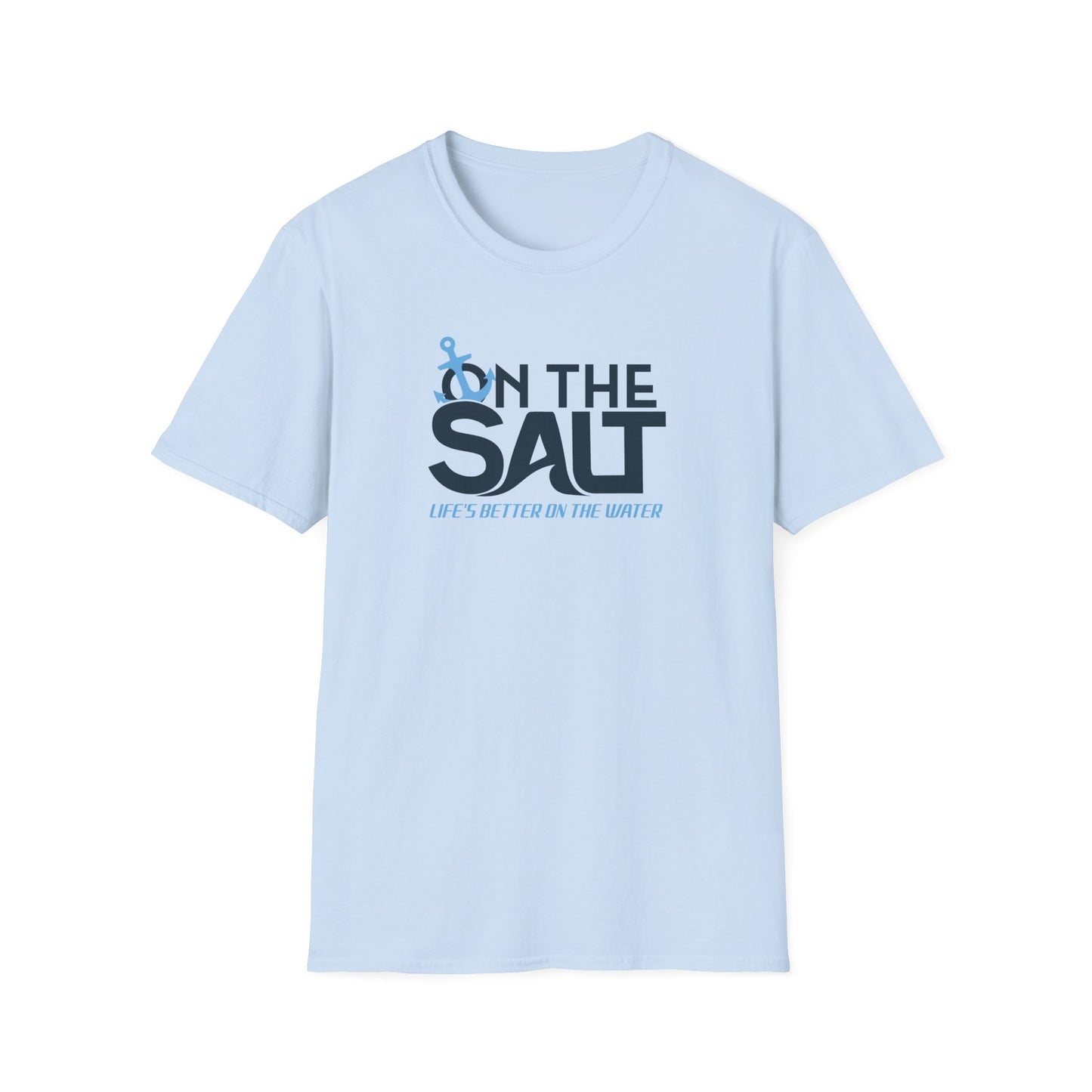 Light blue t-shirt with 'On The Salt' text design on a white background