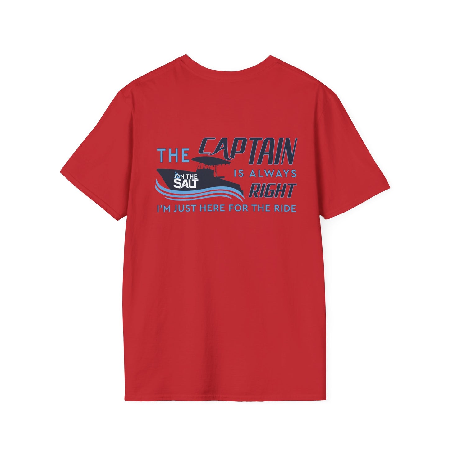 Red t-shirt with humorous text and graphic on a white background