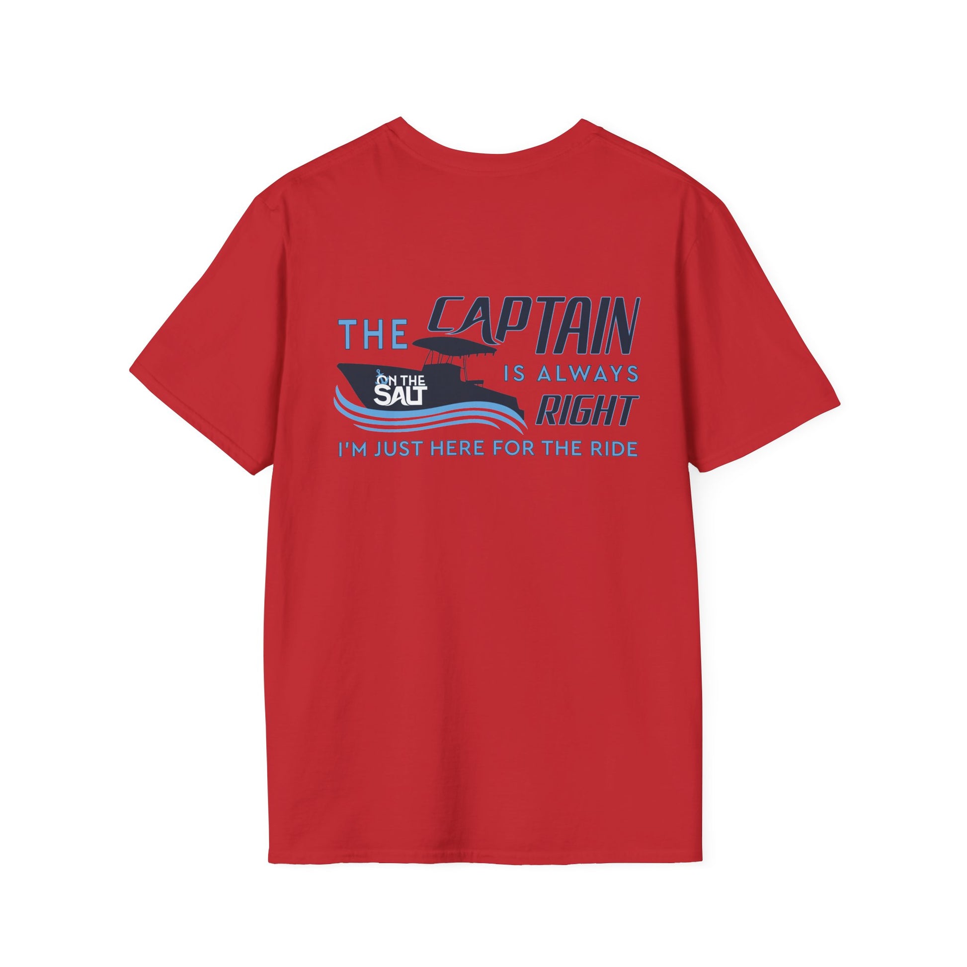 Red t-shirt with humorous text and graphic on a white background