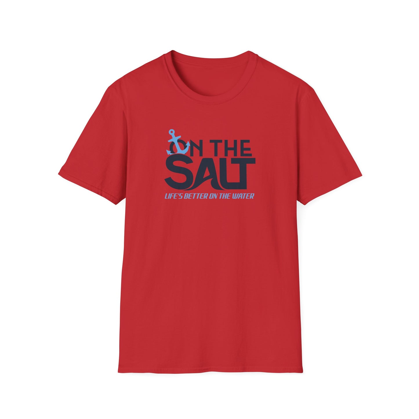Red t-shirt with 'On The Salt' graphic design on a white background