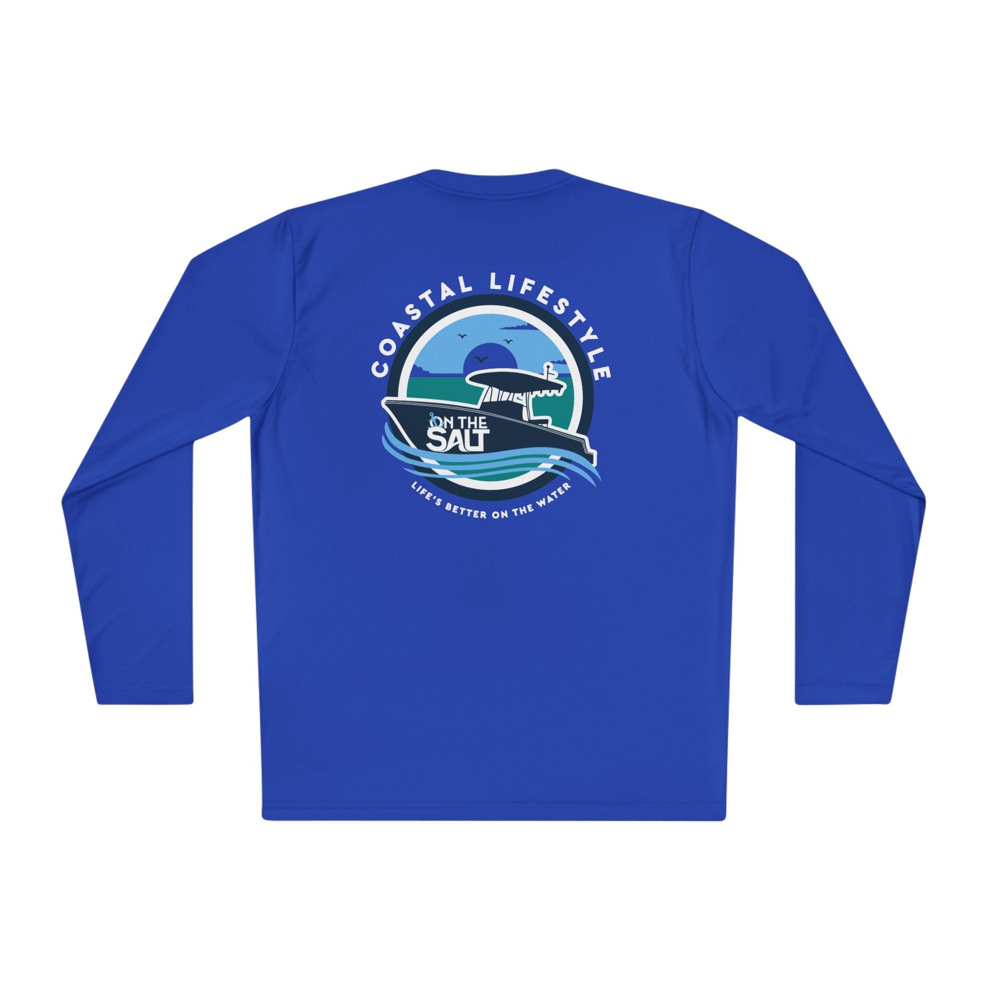 Blue long-sleeve shirt with a coastal lifestyle graphic on the back against a white background