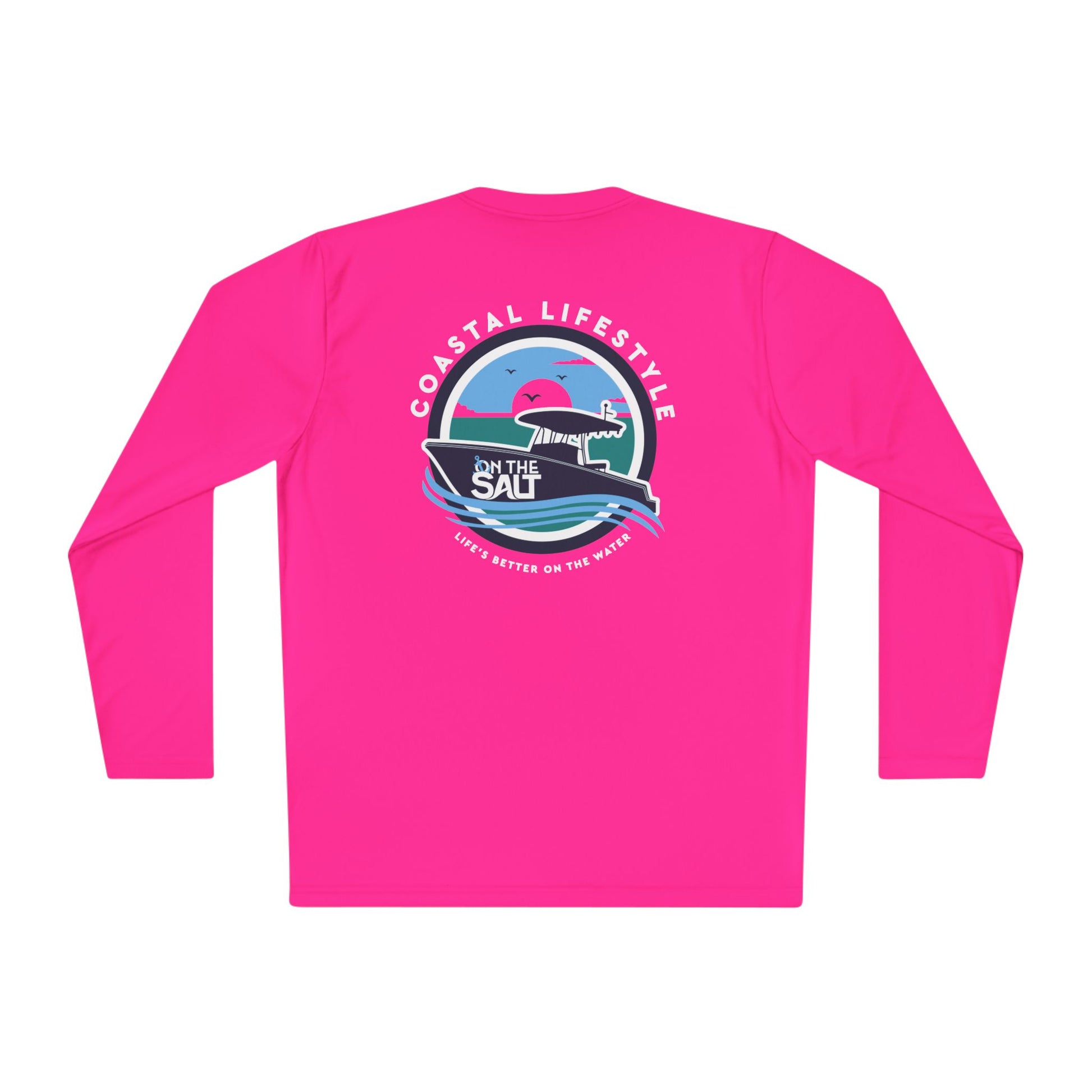 Pink long-sleeve shirt with a graphic design on the back against a white background