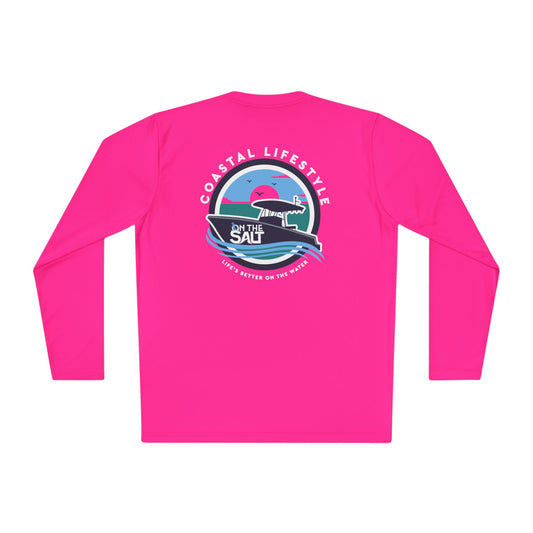 Pink long-sleeve shirt with a graphic design on the back against a white background