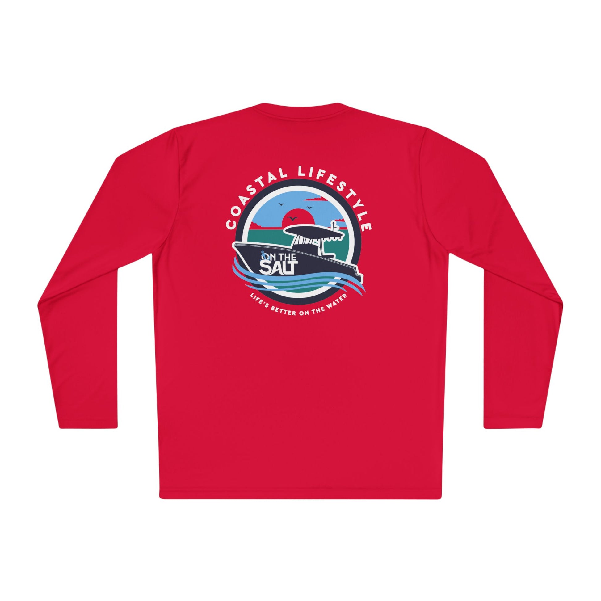 Red long-sleeve shirt with a graphic design on the back against a white background