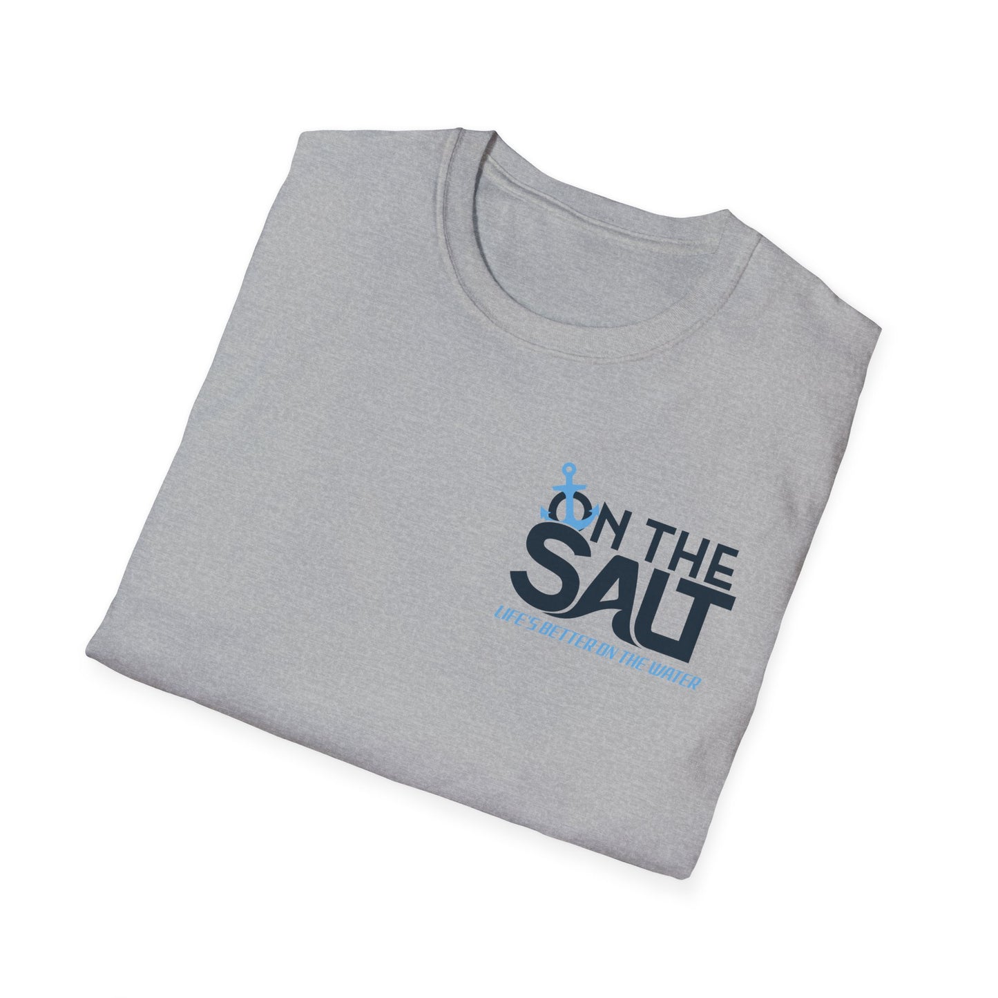 Folded gray t-shirt with On The Salt logo