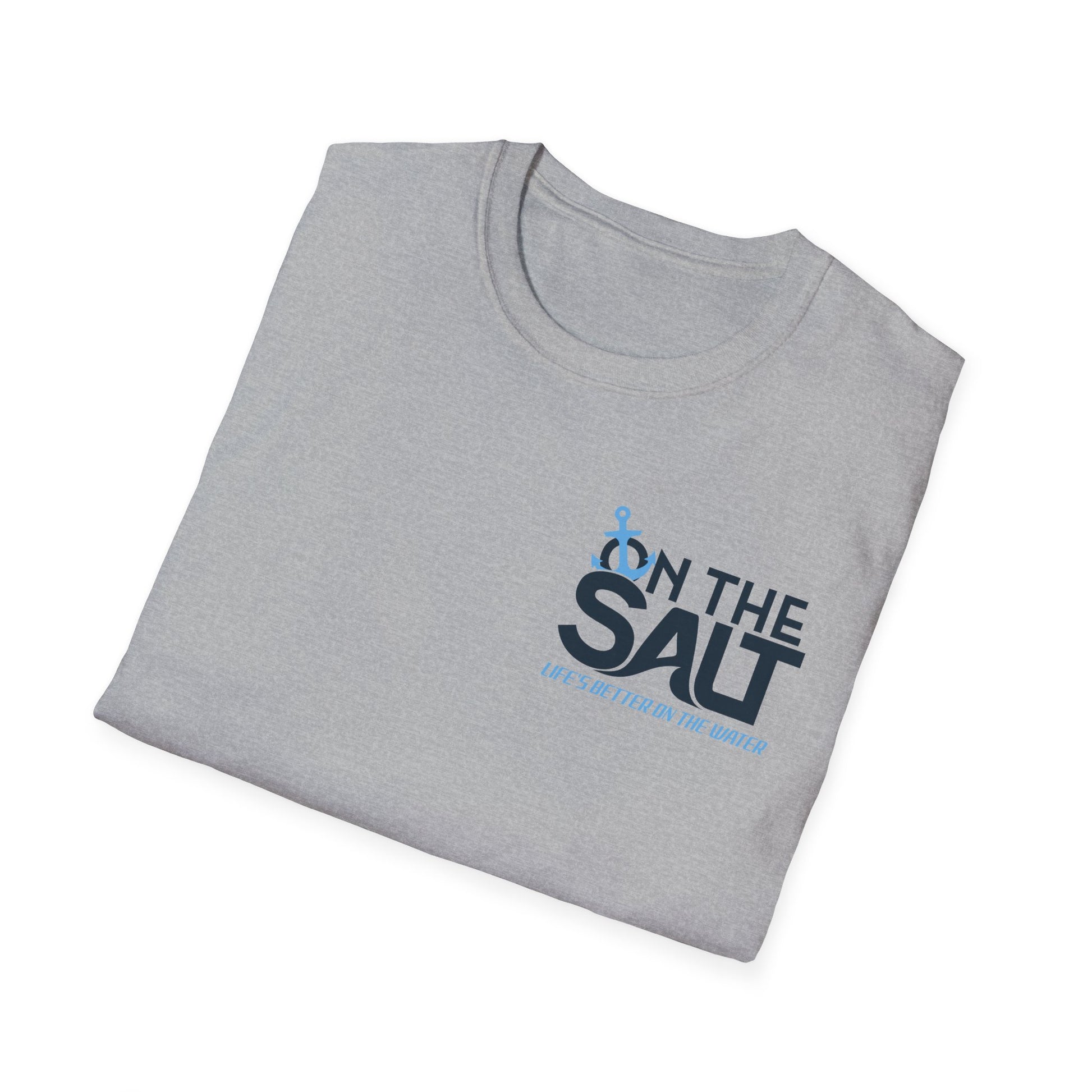 Folded gray t-shirt with On The Salt logo