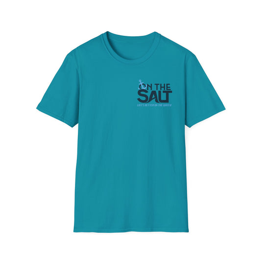 A blue 'On The Salt' graphic tee with a round neckline, featuring a front print 
