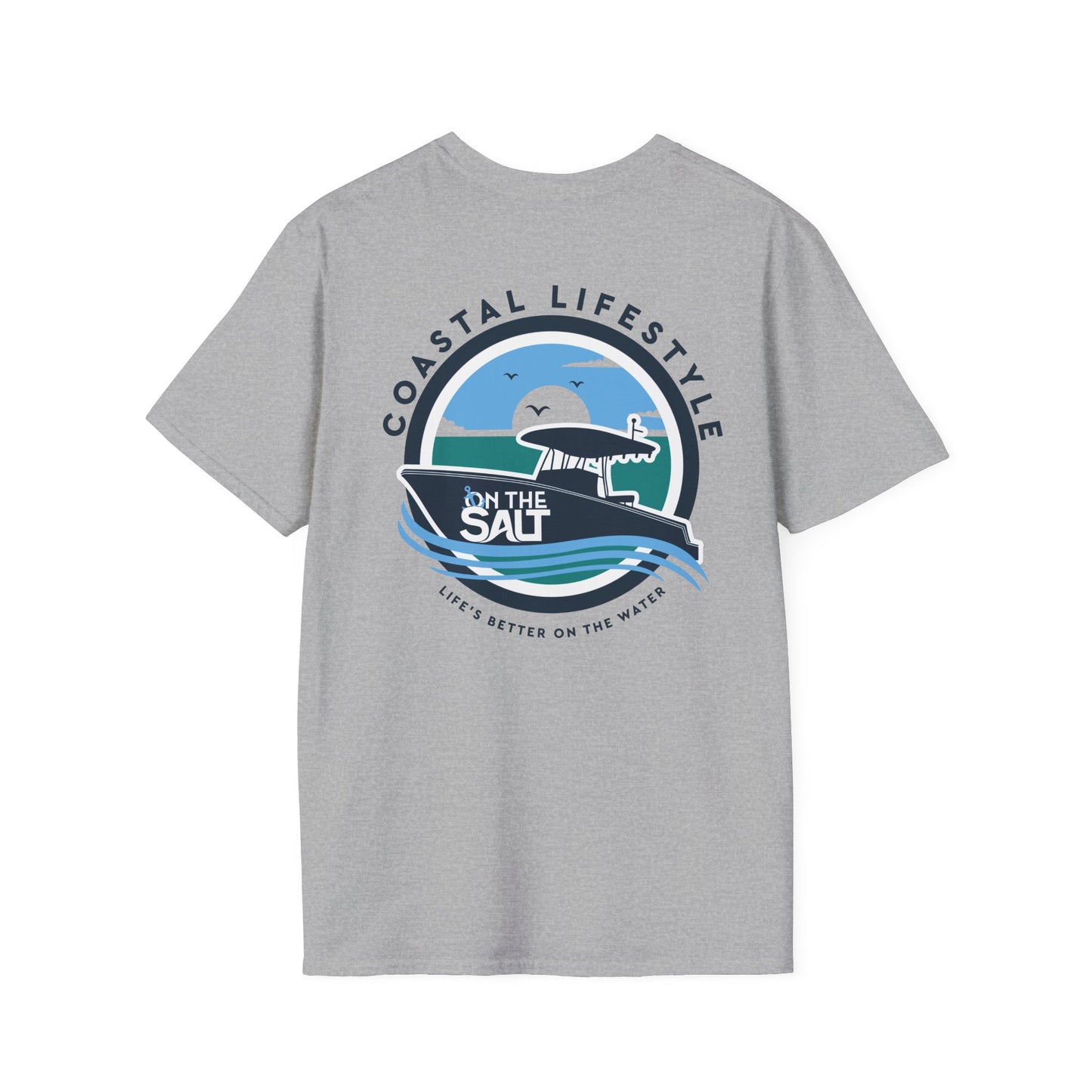 A gray 'On The Salt' graphic tee with a round neckline, featuring a front print with a boat and text elements, and a tag on the bottom.