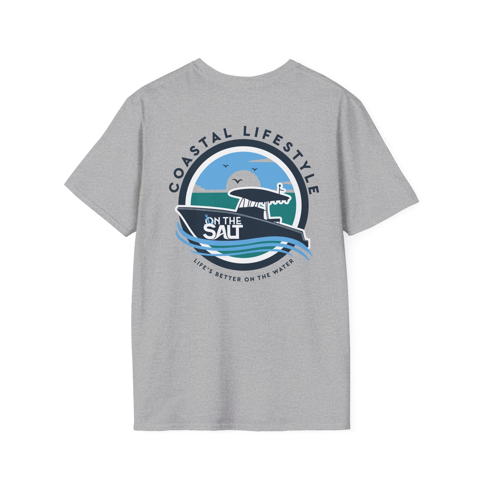 A gray 'On The Salt' graphic tee with a round neckline, featuring a front print with a boat and text elements, and a tag on the bottom.