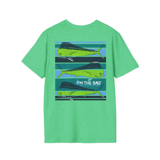Unisex Mahi Softstyle Tee Green t-shirt with fish graphic and 'On The Salt' text on a white background