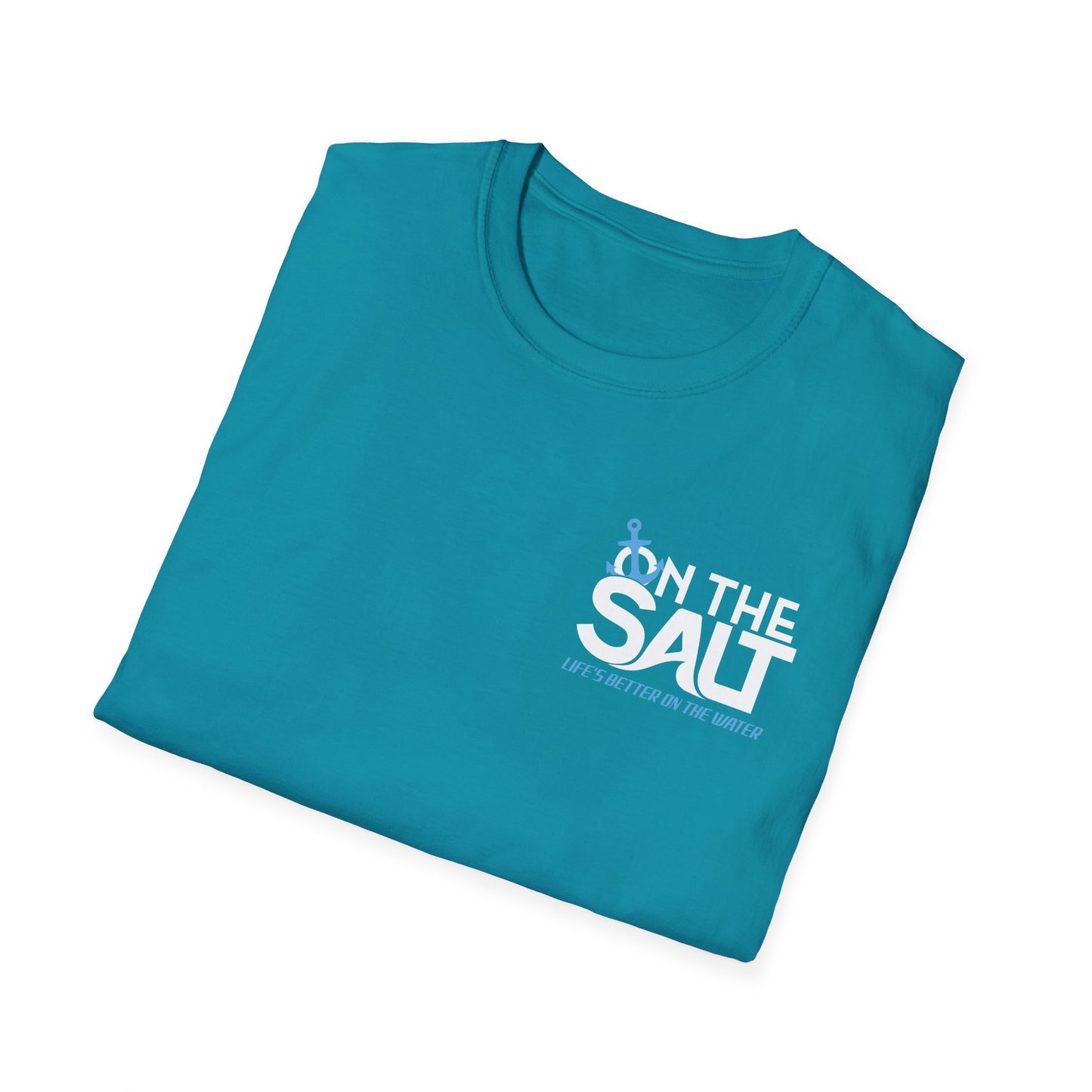 Folded teal t-shirt with 'On The Salut' logo on a white background