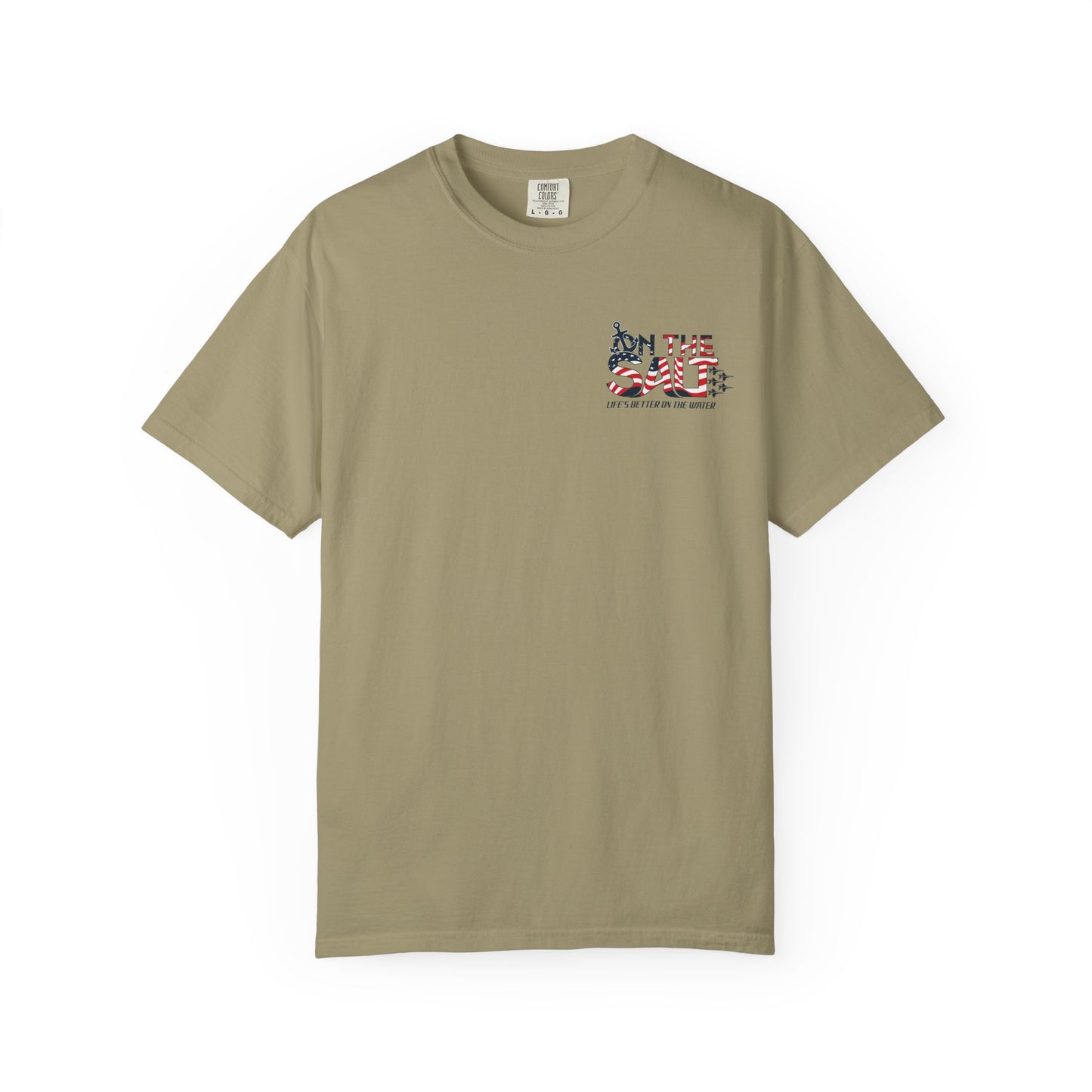 Green t-shirt with a graphic design on a white background