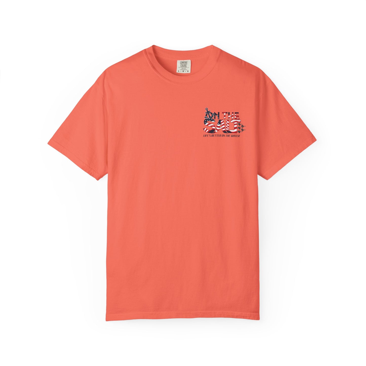 Coral t-shirt with a graphic design on a white background